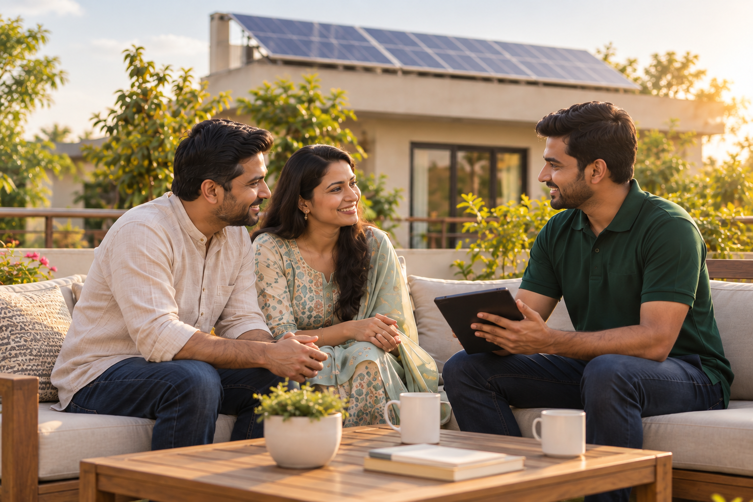 Solarsoch expert discussing a rooftop solar plan with a family
