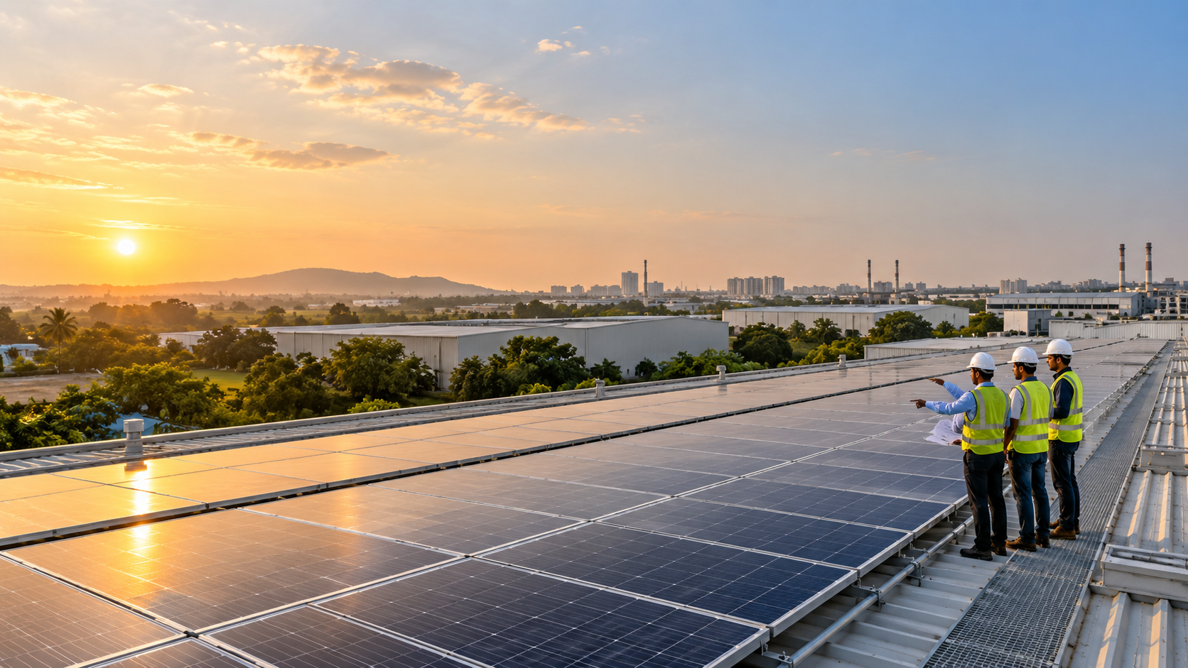 Commercial solar installation with engineers at work