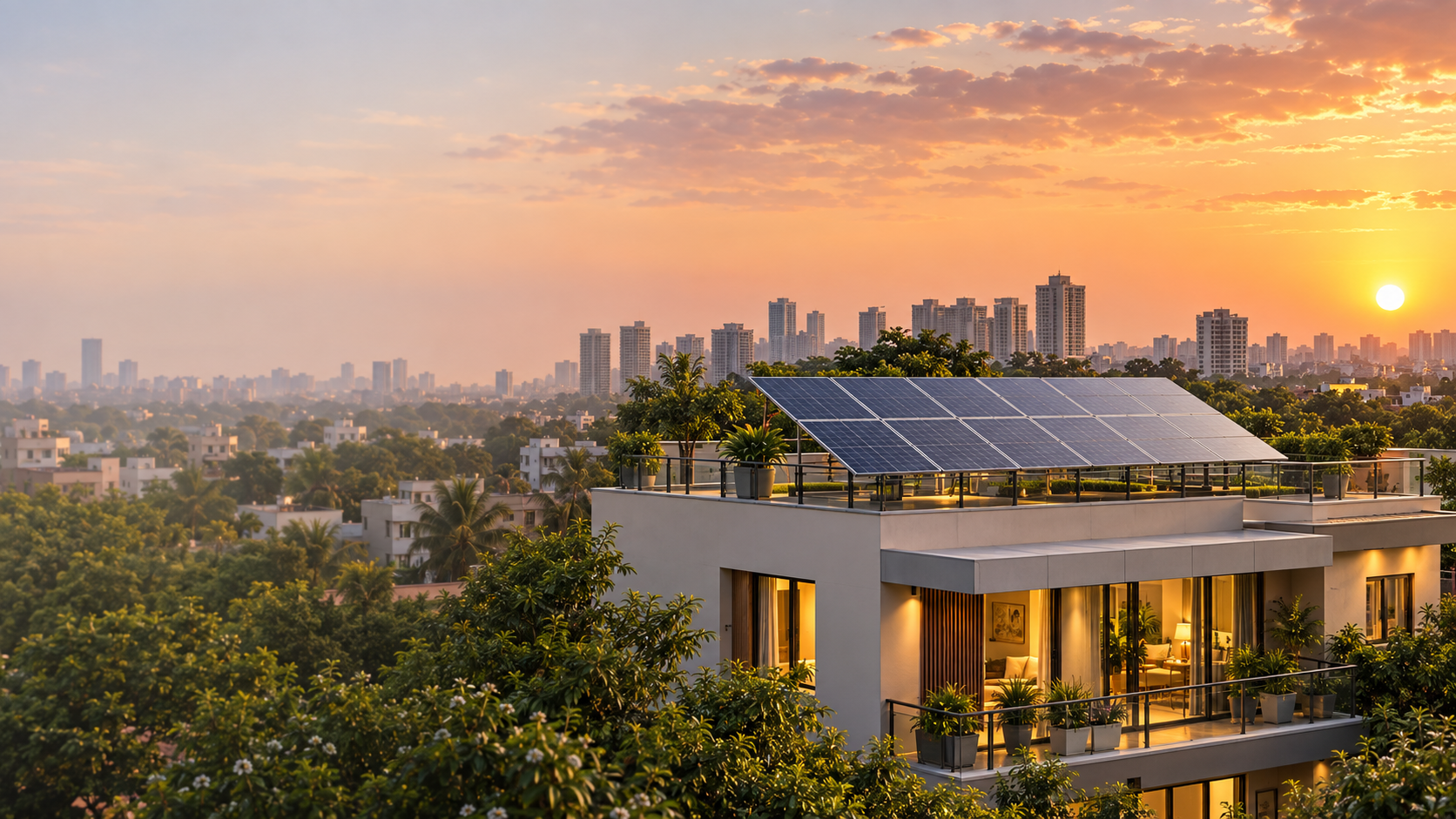 Modern rooftop solar installation on a home at sunset