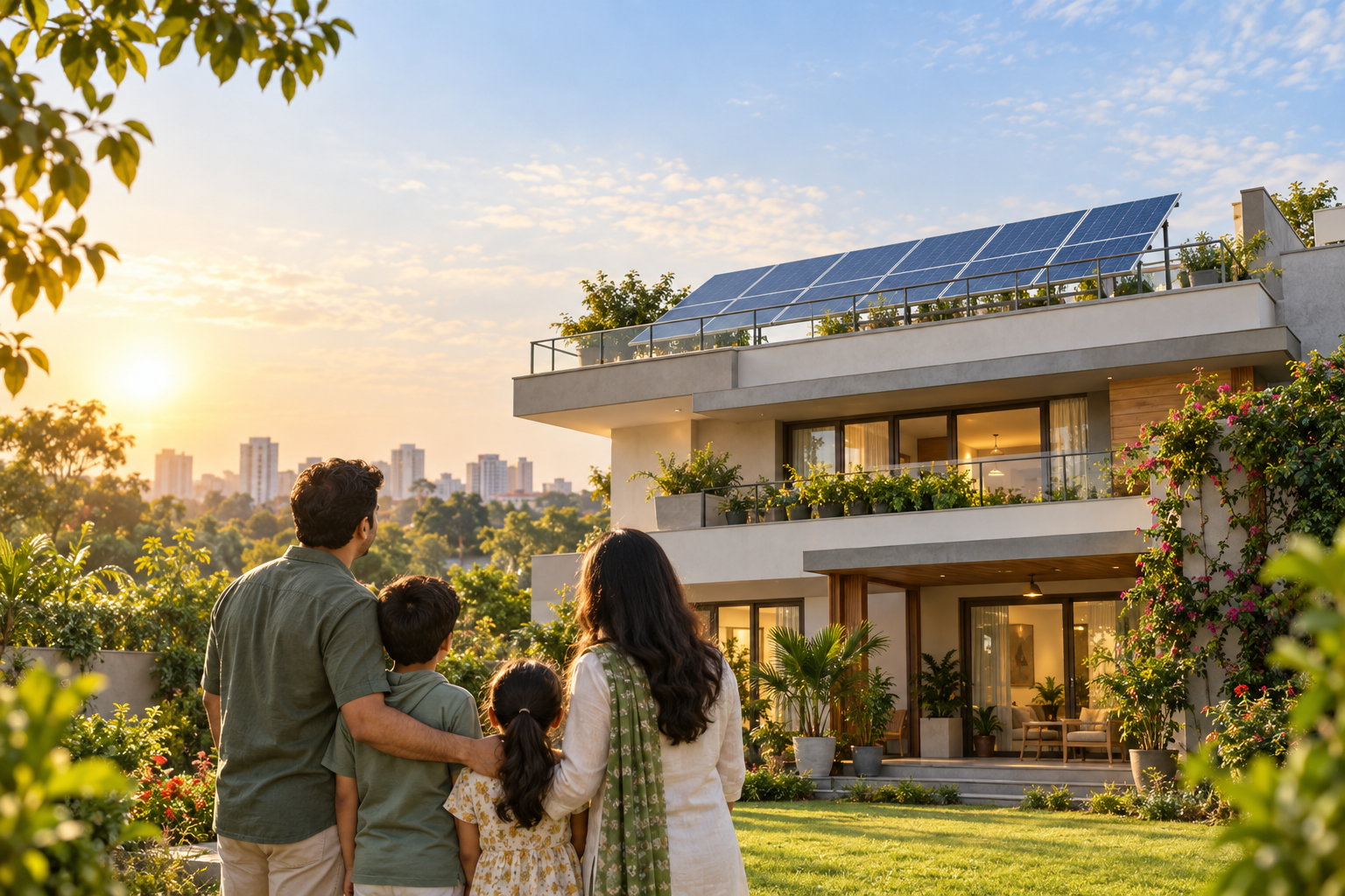 Family home with rooftop solar panels